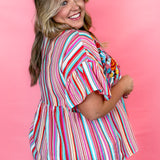 Sunday Best Multi-Stripe Embroidered Babydoll Top