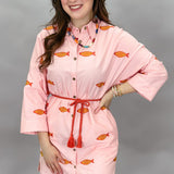Sunshine & Summertime Embroidered Fish Mini Dress, Coral