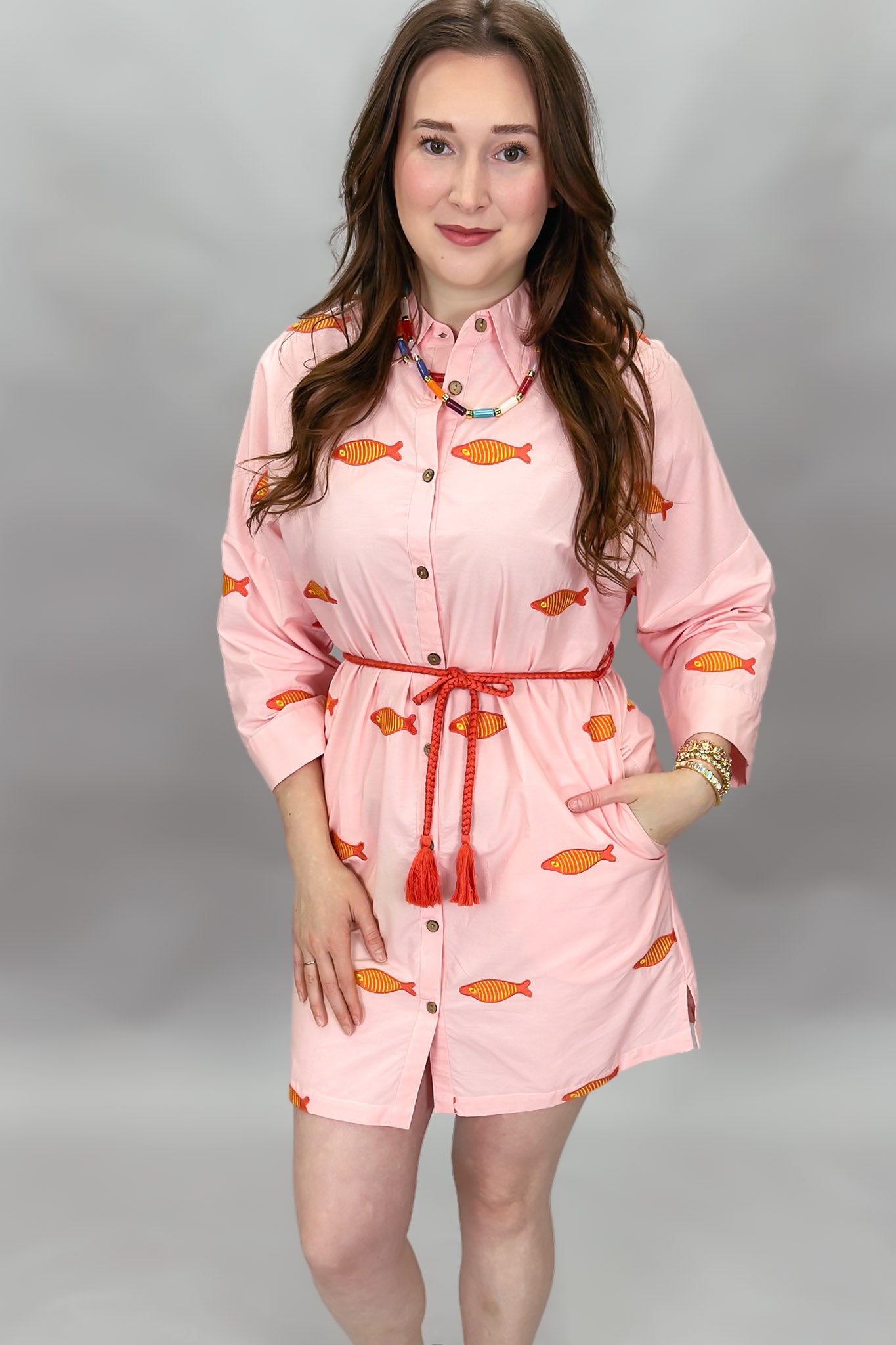coral shirt dress Silvia Tcherassi Sakura Symphony Belted Midi buttery soft fabric Sequin Shirt Dress in Coral