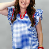 Teenage Dream Gingham V-neck Top, Blue