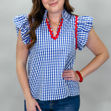 Teenage Dream Gingham V-neck Top, Blue