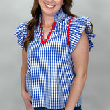 Teenage Dream Gingham V-neck Top, Blue