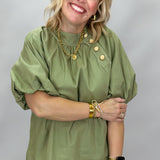 Times Like These Asymmetrical High Collar Puff Sleeve Top, Olive