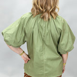 Times Like These Asymmetrical High Collar Puff Sleeve Top, Olive