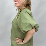 Times Like These Asymmetrical High Collar Puff Sleeve Top, Olive