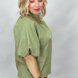 Times Like These Asymmetrical High Collar Puff Sleeve Top, Olive