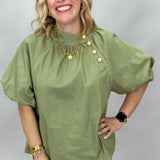 Times Like These Asymmetrical High Collar Puff Sleeve Top, Olive