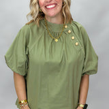 Times Like These Asymmetrical High Collar Puff Sleeve Top, Olive