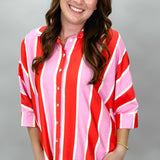 Tonight, Together Button Up Dolman Collared Top, Pink/Red