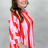 Tonight, Together Button Up Dolman Collared Top, Pink/Red