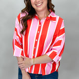 Tonight, Together Button Up Dolman Collared Top, Pink/Red