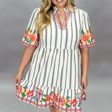 Tough Lover V-neck Stripe Floral Embroider Dress, White