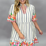 Tough Lover V-neck Stripe Floral Embroider Dress, White