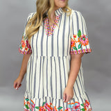 Tough Lover V-neck Stripe Floral Embroider Dress, White