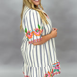 Tough Lover V-neck Stripe Floral Embroider Dress, White