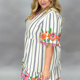 Tough Lover V-neck Stripe Floral Embroider Dress, White