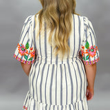 Tough Lover V-neck Stripe Floral Embroider Dress, White