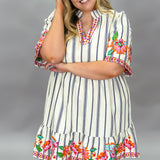 Tough Lover V-neck Stripe Floral Embroider Dress, White