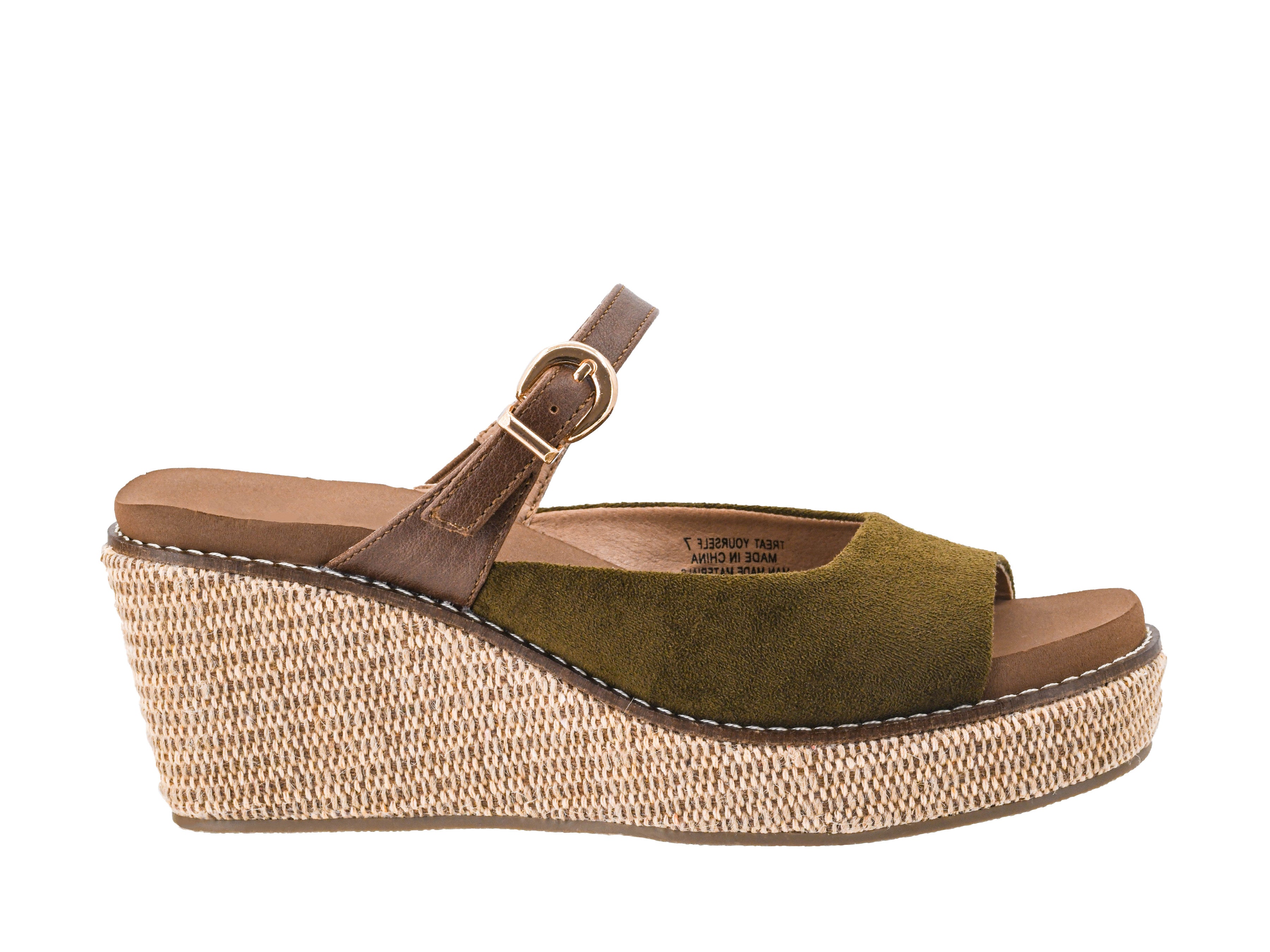 Moss green Corkys Treat Yourself peep-toe wedge with textured heel