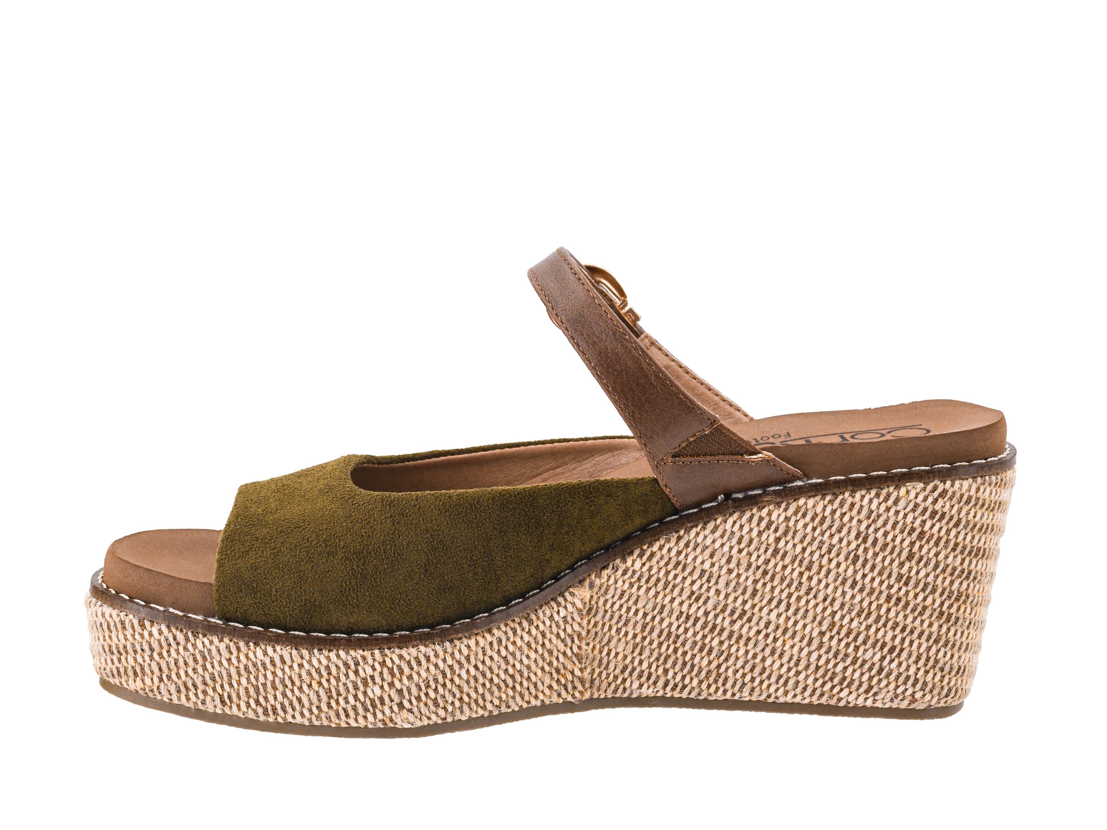 Corkys Treat Yourself moss green wedge sandal, side view