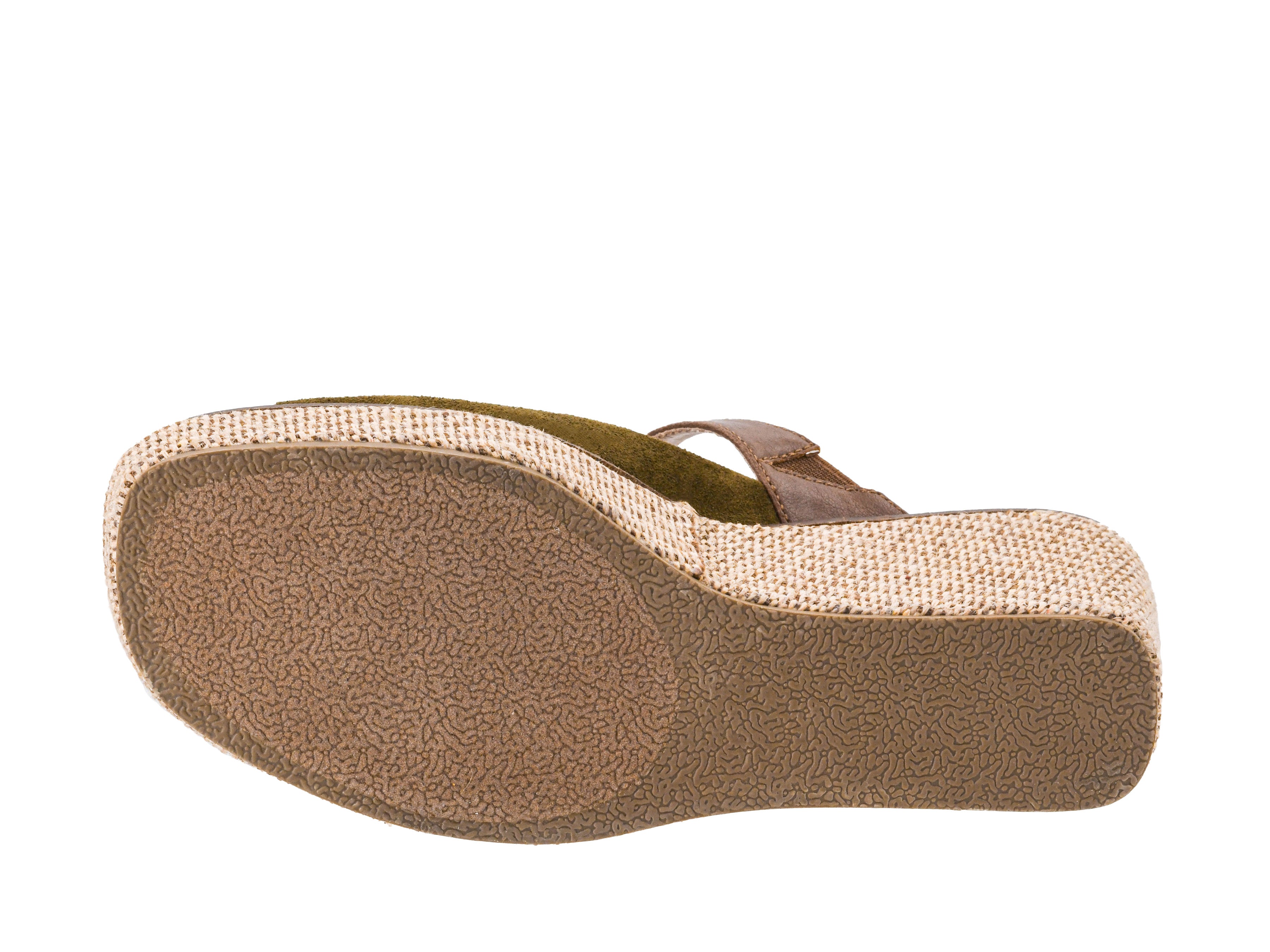 Corkys Treat Yourself moss green wedge showing platform and heel