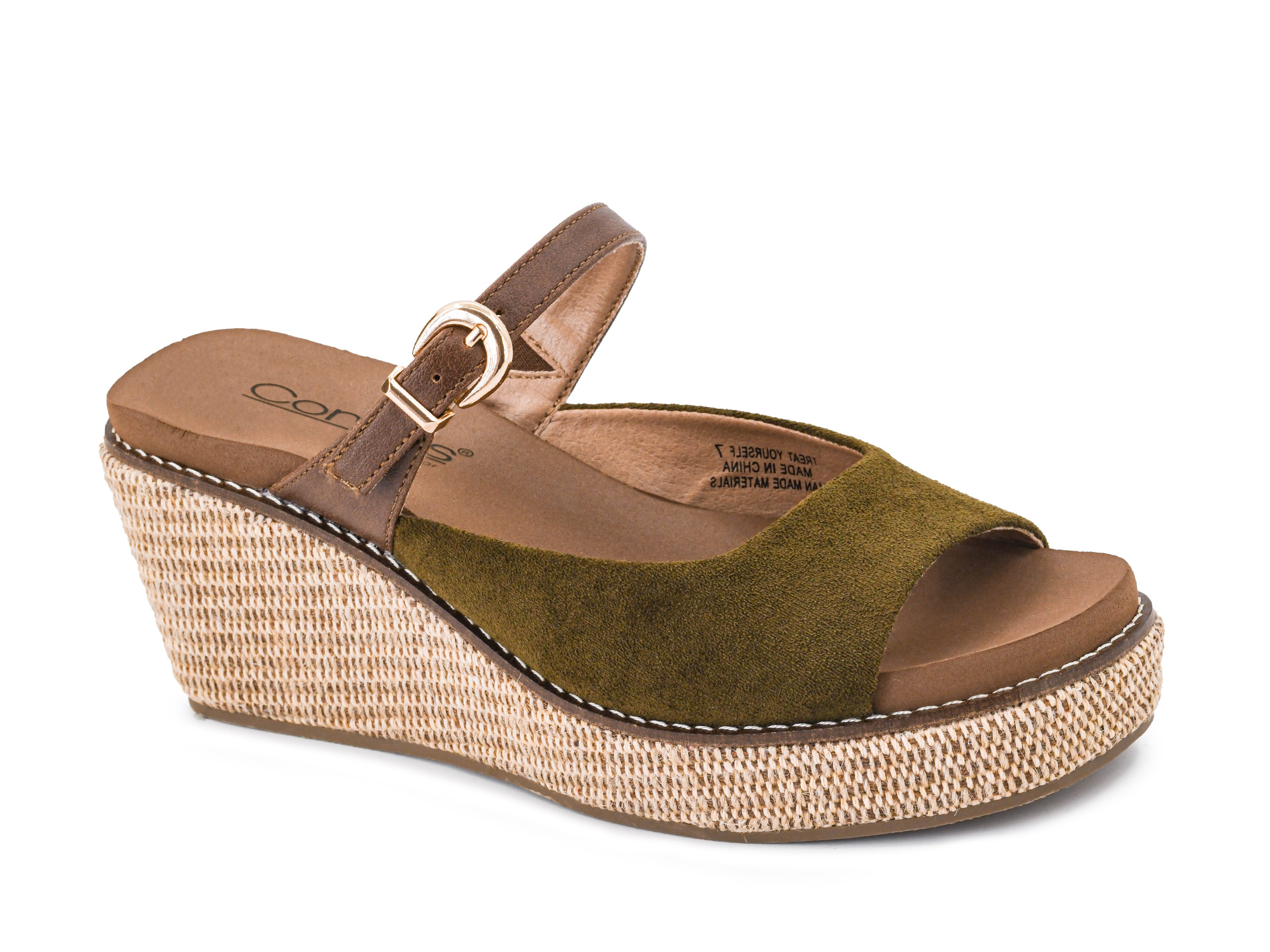 Corkys Treat Yourself moss green faux suede peep-toe wedge