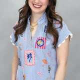 Tropical Patch Embroidery Gingham Top, Blue