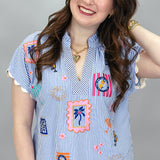 Tropical Patch Embroidery Gingham Top, Blue