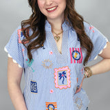 Tropical Patch Embroidery Gingham Top, Blue