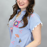 Tropical Patch Embroidery Gingham Top, Blue