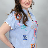 Tropical Patch Embroidery Gingham Top, Blue