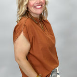 Two Hearts Pom Embellished Short Sleeve Blouse, Orange