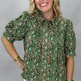 Two Of Us Floral Trellis Puff Sleeve Top, Green