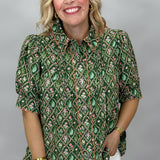 Two Of Us Floral Trellis Puff Sleeve Top, Green
