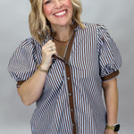 Entro Undo Me brown striped V-neck top, front view