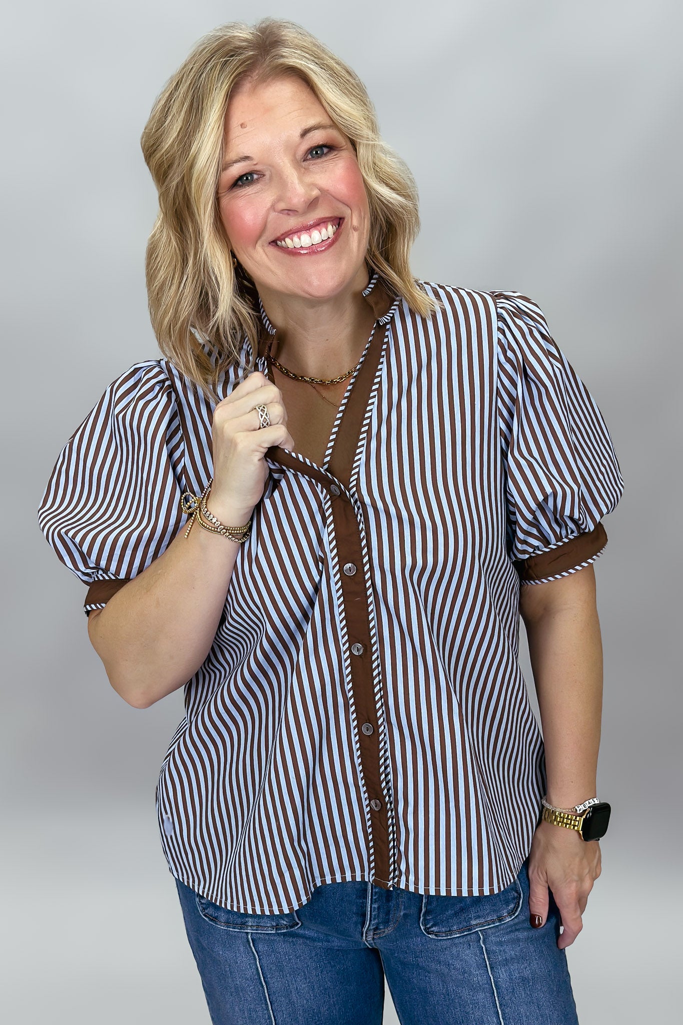 Entro Undo Me brown striped V-neck top, front view