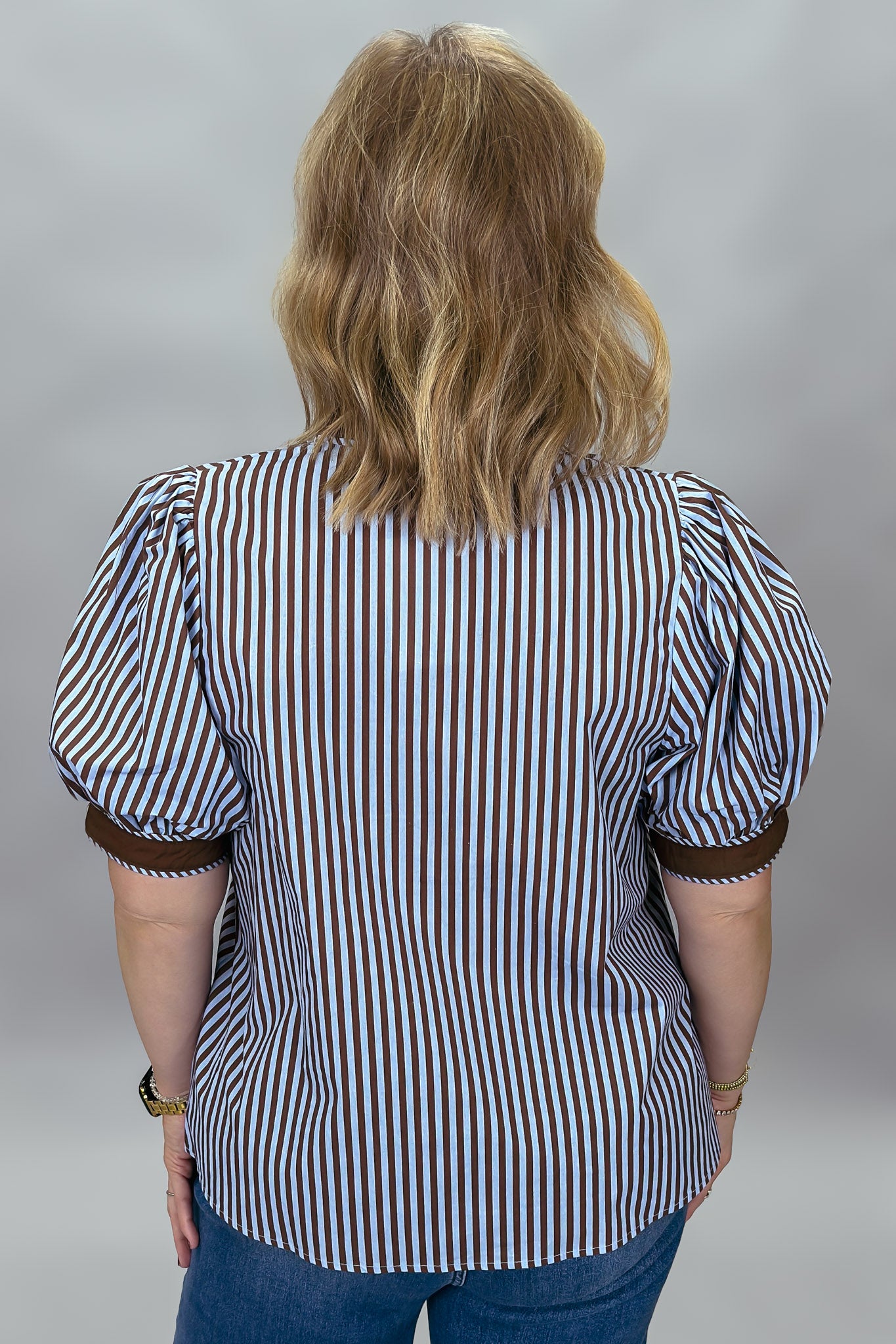 Entro Undo Me brown striped V-neck top, back view
