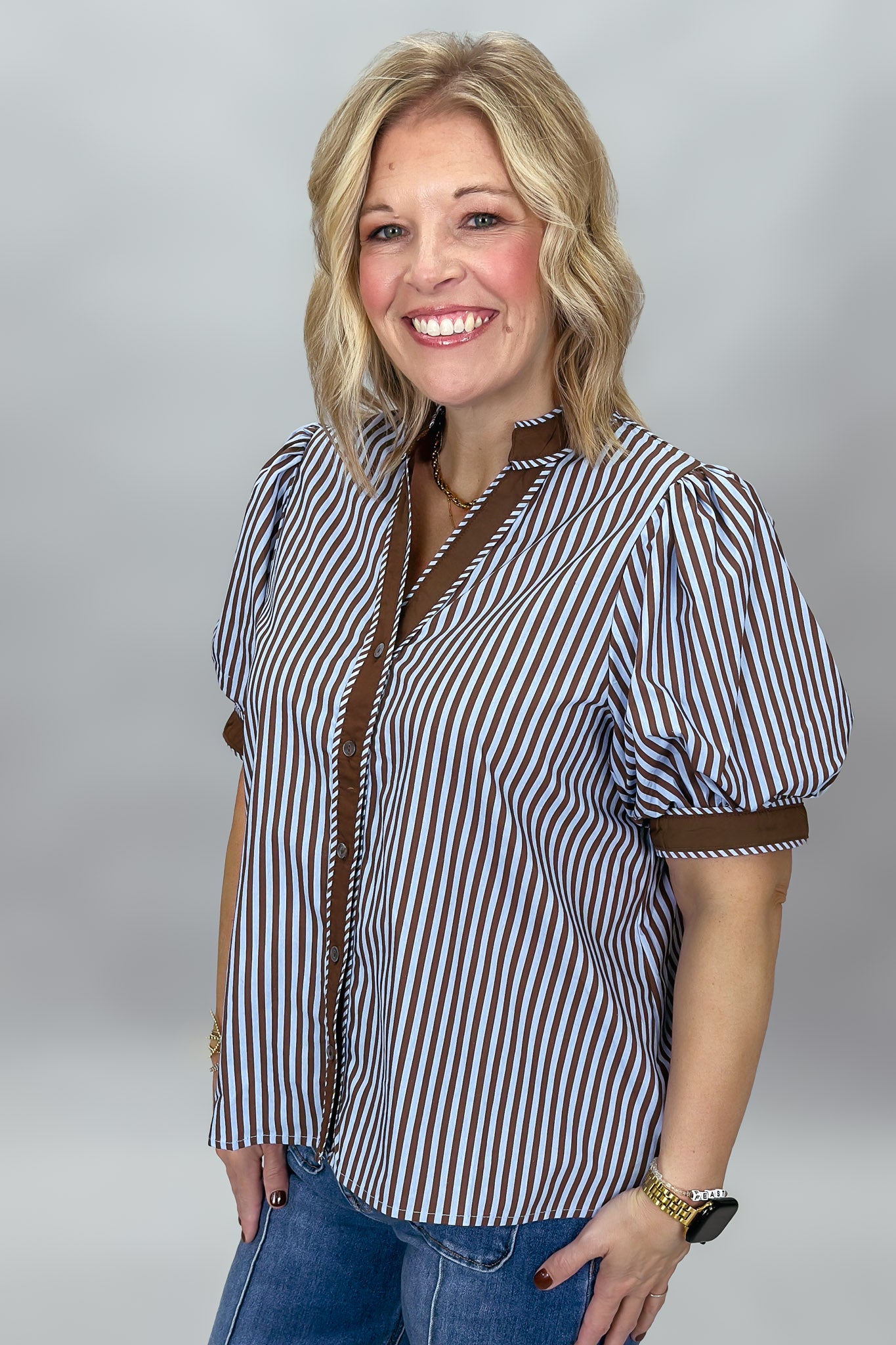Entro Undo Me brown striped V-neck top, side view