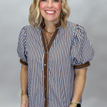 Entro Undo Me brown striped top, styled