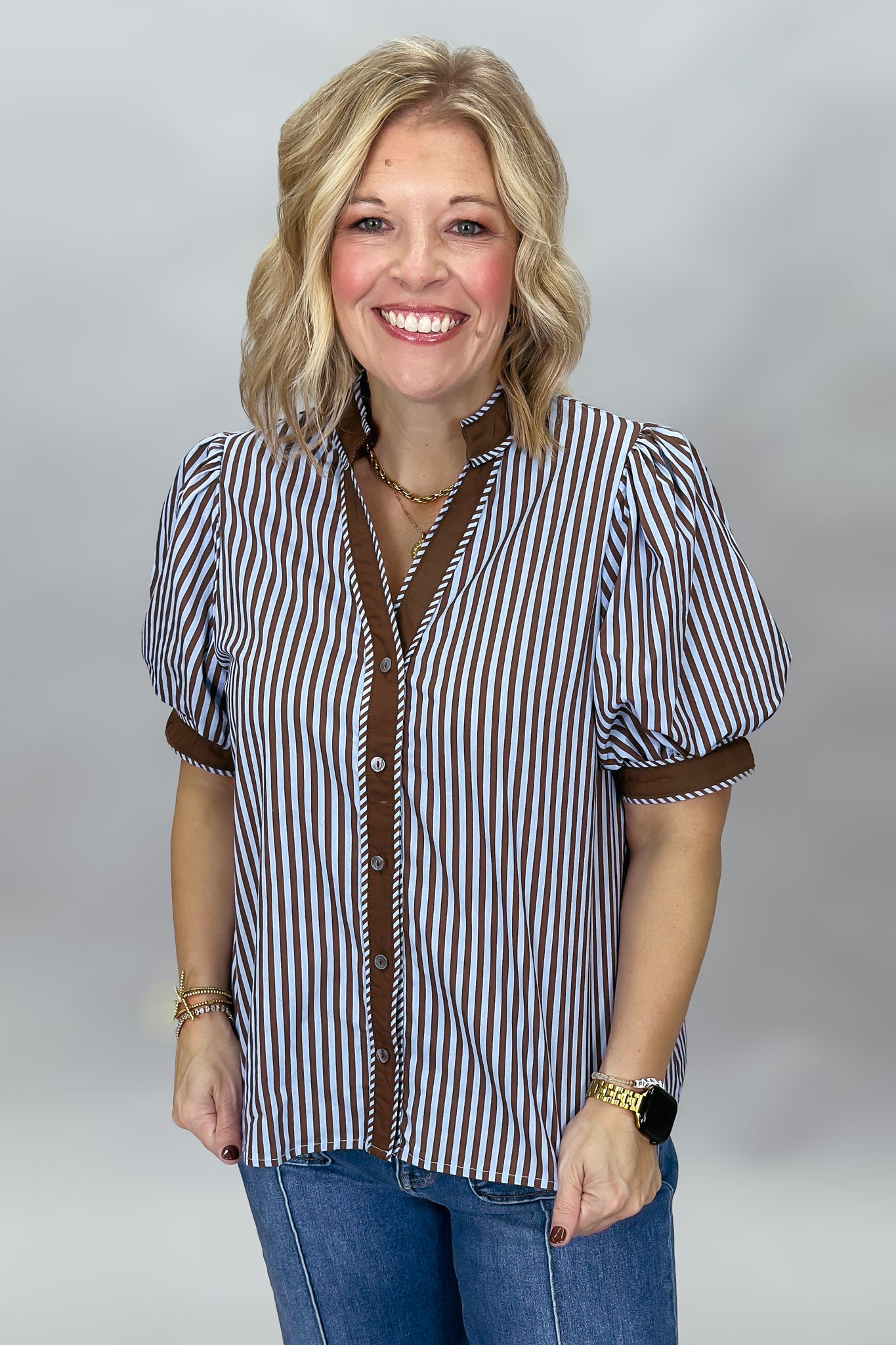 Entro Undo Me brown striped top, styled