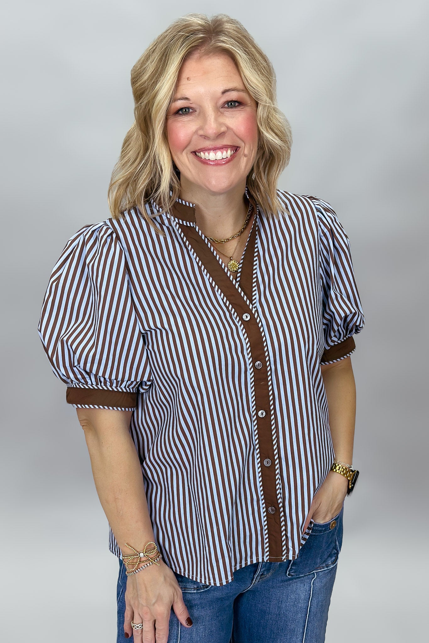 Entro Undo Me brown striped V-neck top, alternate view