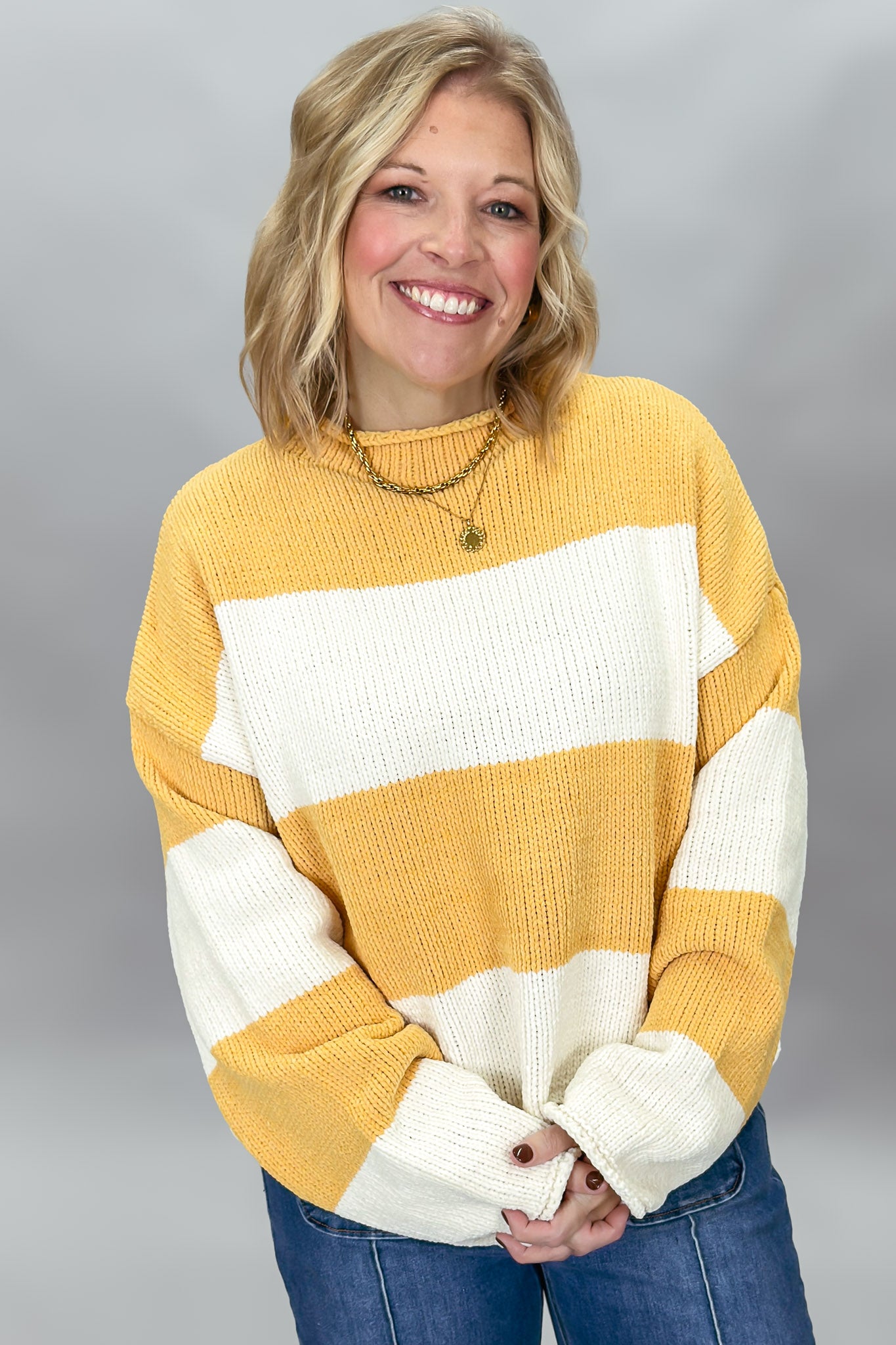 Up Granville Mockneck Colorblock Knitted Sweater, Mustard