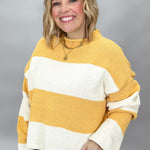 POL colorblock mock neck sweater in mustard and ivory