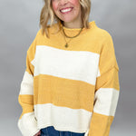 Mustard and ivory colorblock knitted sweater with mock neckline