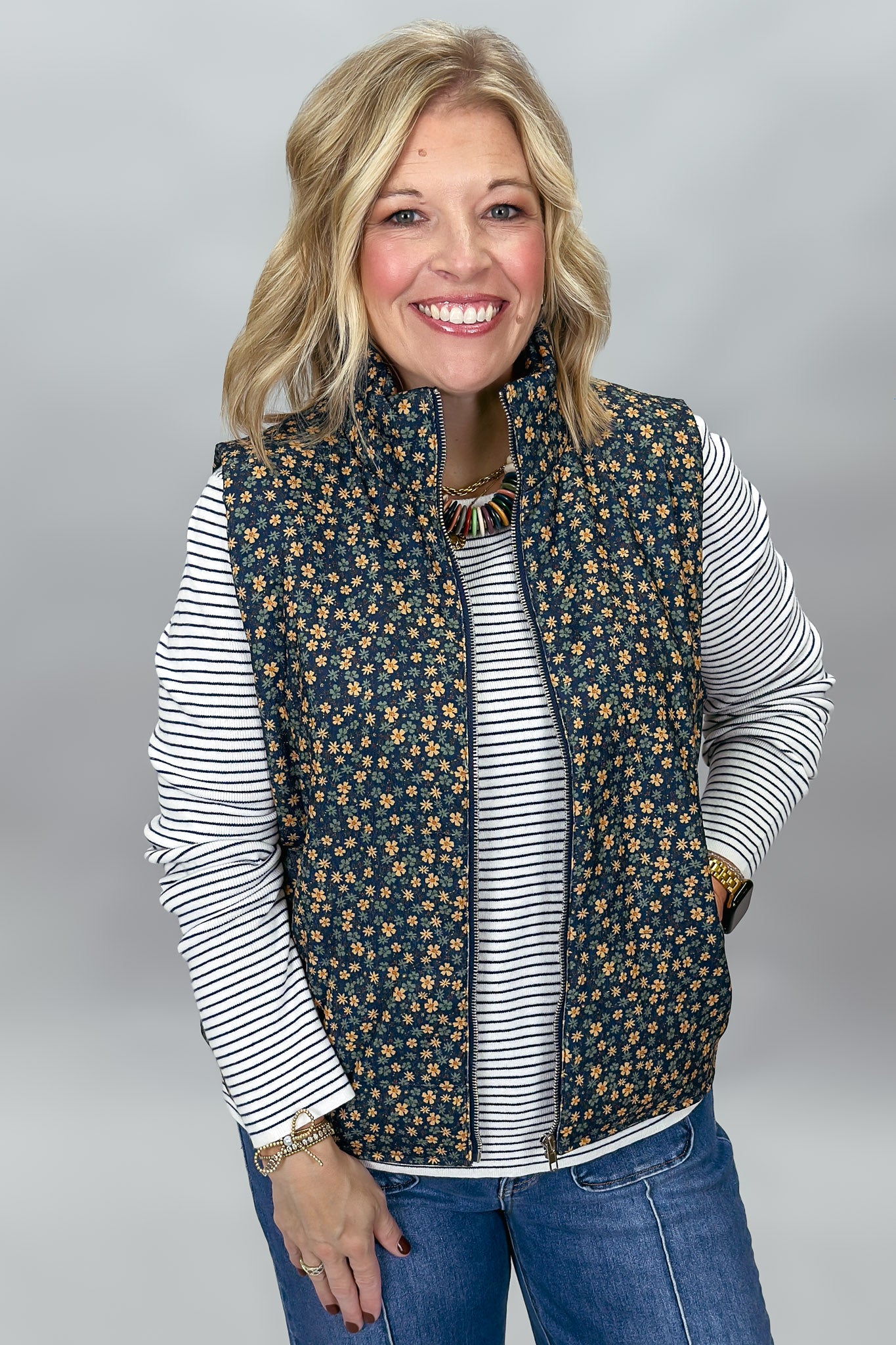Up In The Clouds Floral Corduroy Zip Up Vest, Navy