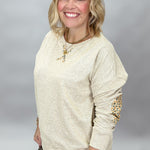 Staccato oatmeal sweatshirt showing floral elbow patch detail