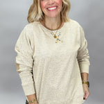 Oatmeal floral patch crewneck sweatshirt, styled view