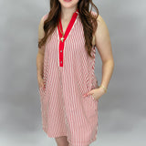 Weak-end Collard V-neck Stripe Dress, Red
