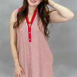 Weak-end Collard V-neck Stripe Dress, Red
