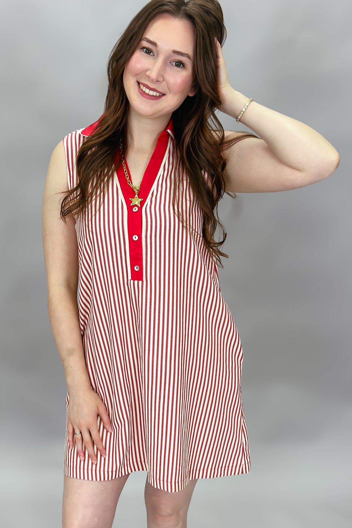 Weak-end Collard V-neck Stripe Dress, Red L